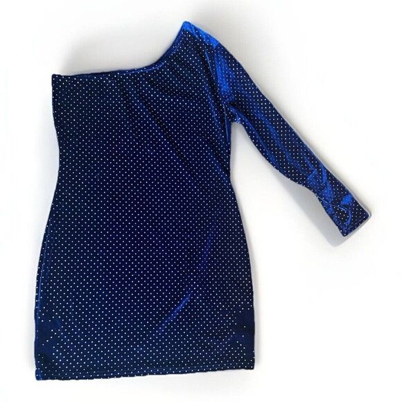 Y2K Say What Vintage Velvet Blue  Witchy Goth Mini One Shoulder Dress XL.     K - Picture 1 of 7